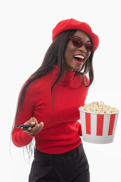 Beautiful Black Woman Popcorn Watching Movie — Stock Photo, Image