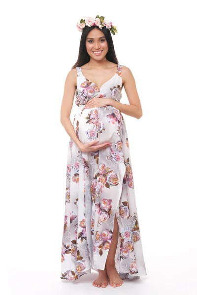 Vacker Gravid Asiatisk Kvinna Lång Klänning — Stockfoto
