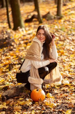 Ormanda balkabaklarıyla güzel bir esmer.