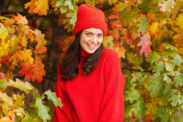 Güz Manzaralı Güzel Esmer Kırmızı Şapkalı Atkılı — Stok fotoğraf