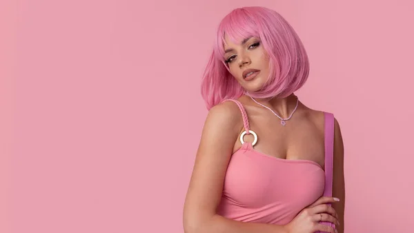 Beautiful Young Woman Pink Hair Fashionable Styling — Stock Photo, Image