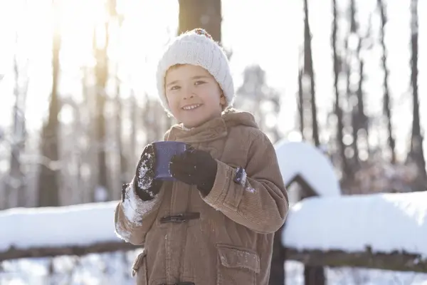 Mama Syn Mają Dużo Zabawy Zimowym Spacerze Przy Herbacie Dekoracji — Zdjęcie stockowe