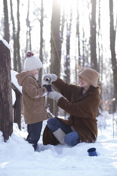 Mama Syn Mają Dużo Zabawy Zimowym Spacerze Przy Herbacie Dekoracji — Zdjęcie stockowe