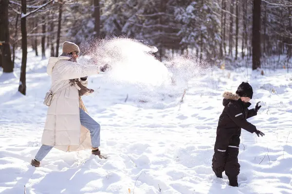 Äiti Poika Heittelevät Lumipalloja Metsässä — kuvapankkivalokuva