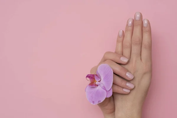 粉红背景的天然指甲 — 图库照片