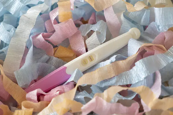 Positive Pregnancy Test Scraps Colored Paper — Stock Photo, Image