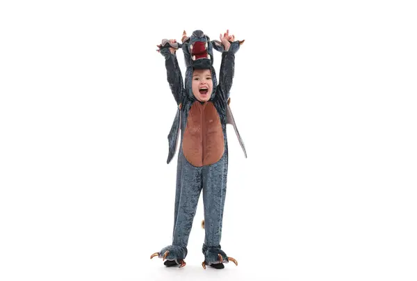 Malý Chlapec Dinosauří Kostým Izolovaném Bílém Pozadí — Stock fotografie