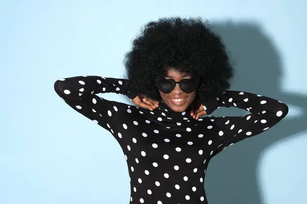 Happy Black Woman Polka Dot Blouse — Stock Photo, Image