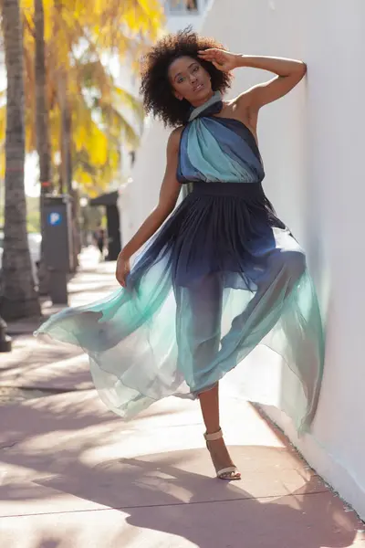Smuk Sort Model Flydende Kjole Gaderne Miami - Stock-foto
