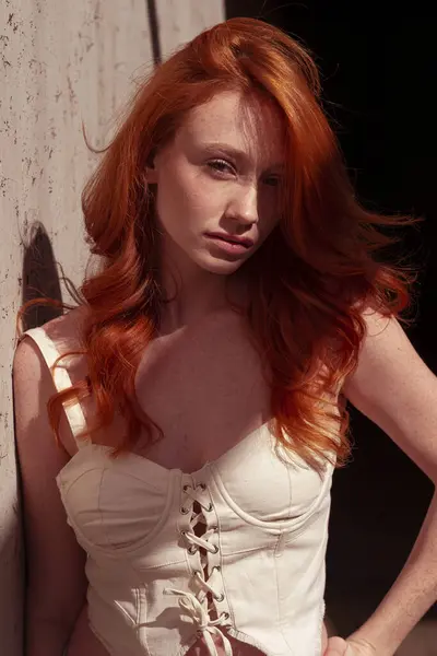 Gyönyörű Vörös Hajú Lány Szeplős Egy Divatos Ruhát Egy Szürke Stock Kép
