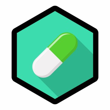 Yeşil hap kapsülü, ilaç, vektör işareti yeşil stil. Black Stroke tasarımı. İzole edilmiş bir ikon. Düz biçim vektör illüstrasyonu.