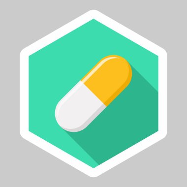 Sarı hap kapsülü, ilaç, vektör işareti sarı stili. Beyaz Vuruş tasarımı. İzole edilmiş bir ikon. Düz biçim vektör illüstrasyonu.