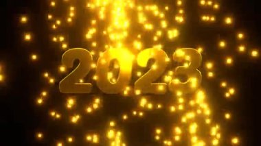 Yeni yılınız kutlu olsun. Siyah zemin üzerine düşen altın parçacıklar. 4K UHD. 3d oluşturma.