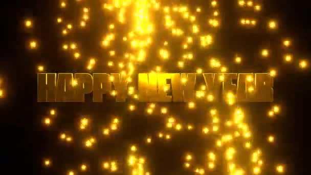 Gelukkig Nieuwjaar Met Gouden Vallende Deeltjes Zwarte Achtergrond Uhd Destructie — Stockvideo