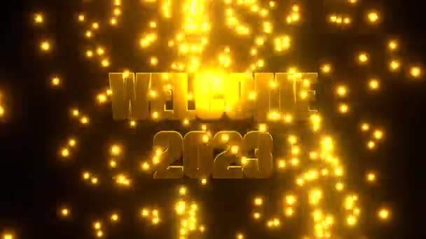 Willkommen 2023 Mit Goldenem Fallpartikel Auf Schwarzem Hintergrund Uhd Darstellung — Stockvideo