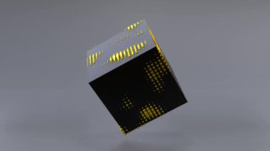 Sıfır yerçekiminde dönen siyah bir küpün üç boyutlu soyut animasyonu. Kusursuz döngü. 4K UHD. 3d oluşturma.