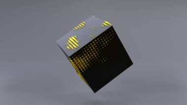 Sıfır yerçekiminde dönen siyah bir küpün üç boyutlu soyut animasyonu. Kusursuz döngü. 4K UHD. 3d oluşturma.