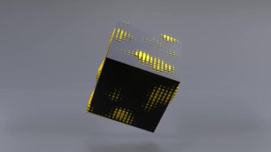 Sıfır yerçekiminde dönen siyah bir küpün üç boyutlu soyut animasyonu. Kusursuz döngü. 4K UHD. 3d oluşturma.