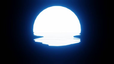 Blue Moon reflection in water or the ocean on black background. 4K UHD. 3d rendering.