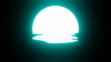 Bright Light Blue Sunset or Moon reflection in water or the ocean on black background. 4K UHD. 3d rendering.