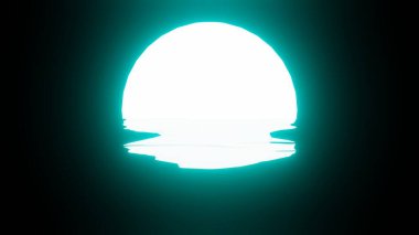Bright Light Blue Sunset or Moon reflection in water or the ocean on black background. 4K UHD. 3d rendering.