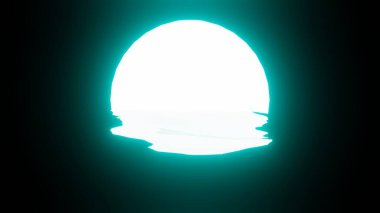 Bright Light Blue Sunset or Moon reflection in water or the ocean on black background. 4K UHD. 3d rendering.