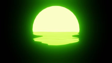 Green Sunset or Moon reflection in water or the ocean on black background. 4K UHD. 3d rendering.