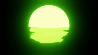 Green Sunset or Moon reflection in water or the ocean on black background. 4K UHD. 3d rendering.