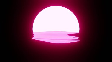 Magenta Sunset or Moon reflection in water or the ocean on black background. 4K UHD. 3d rendering.