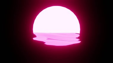 Magenta Sunset or Moon reflection in water or the ocean on black background. 4K UHD. 3d rendering.