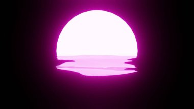 Pembe Günbatımı ya da suda Ay yansıması ya da siyah arka planda okyanus. 4K UHD. 3d oluşturma.