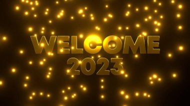 Siyah zemin üzerine düşen altın parçacığıyla 2023 'e hoş geldiniz. 4K UHD. 3d oluşturma.