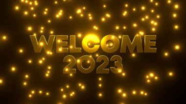 Siyah zemin üzerine düşen altın parçacığıyla 2023 'e hoş geldiniz. 4K UHD. 3d oluşturma.