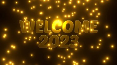 Siyah zemin üzerine düşen altın parçacığıyla 2023 'e hoş geldiniz. 4K UHD. 3d oluşturma.