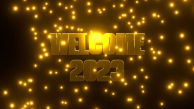 Siyah zemin üzerine düşen altın parçacığıyla 2023 'e hoş geldiniz. 4K UHD. 3d oluşturma.