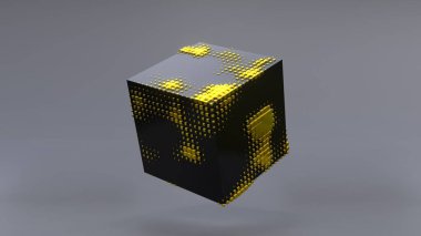 Sıfır yerçekiminde siyah bir küpün üç boyutlu soyutlanması. 4K UHD. 3d oluşturma.