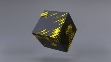 Sıfır yerçekiminde siyah bir küpün üç boyutlu soyutlanması. 4K UHD. 3d oluşturma.