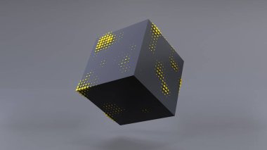 Sıfır yerçekiminde siyah bir küpün üç boyutlu soyutlanması. 4K UHD. 3d oluşturma.