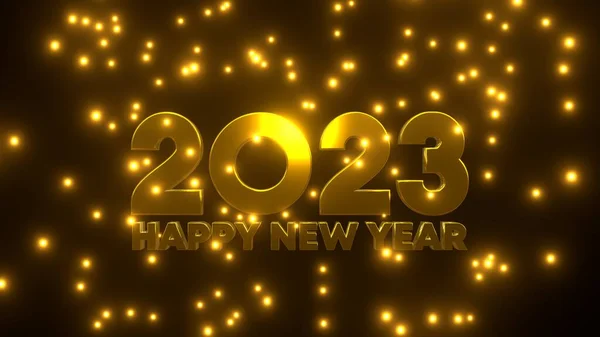 2023年新年快乐 金色的粒子落在黑色的背景上 Uhd 3D渲染 — 图库照片