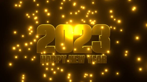 ブラックを背景に黄金の落下粒子と幸せな新年2023 Uhd 3Dレンダリング — ストック写真