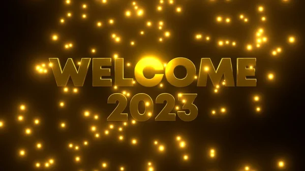 Welcome 2023 Złotą Spadającą Cząstką Czarnym Tle Uhd Renderowanie — Zdjęcie stockowe