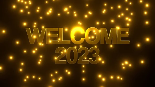 Willkommen 2023 Mit Goldenem Fallpartikel Auf Schwarzem Hintergrund Uhd Darstellung — Stockfoto