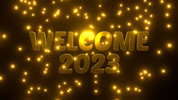 Welcome 2023 Золотою Падаючою Частинкою Чорному Тлі Uhd Візуалізація — стокове фото