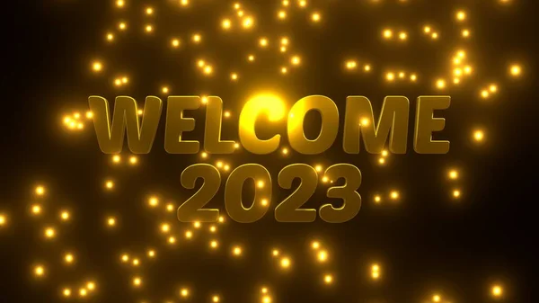 Welcome 2023 Złotą Spadającą Cząstką Czarnym Tle Uhd Renderowanie — Zdjęcie stockowe