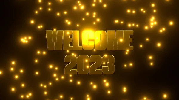 Benvenuti 2023 Con Particelle Dorate Che Cadono Fondo Nero Uhd — Foto Stock