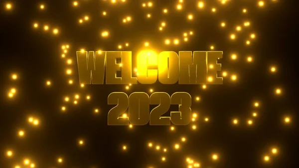 Welcome 2023 Золотою Падаючою Частинкою Чорному Тлі Uhd Візуалізація — стокове фото