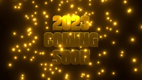 2023 Próximamente Próximo Con Partícula Dorada Sobre Fondo Negro Uhd —  Fotos de Stock
