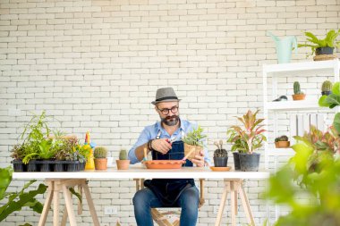 Bıyıklı, yaşlı ve yakışıklı bir adam ağaç bakımıyla mutlu olur. Evde bahçıvanlık hobisi. Emeklilikten sonra mutlu yaşamak. Doğa ve çevre kavramları.