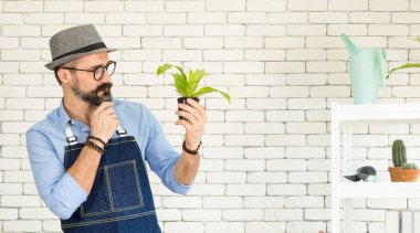 Bıyıklı, yaşlı ve yakışıklı bir adam ağaç bakımıyla mutlu olur. Evde bahçıvanlık hobisi. Emeklilikten sonra mutlu yaşamak. Doğa ve çevre kavramları.