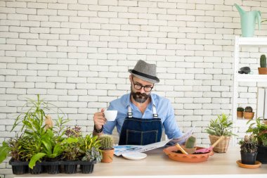Bıyıklı, yaşlı ve yakışıklı bir adam ağaç bakımıyla mutlu olur. Evde bahçıvanlık hobisi. Emeklilikten sonra mutlu yaşamak. Doğa ve çevre kavramları.
